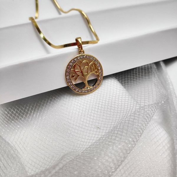 Подвеска "Дерево жизни" / Кулон 2,0 см. на цепочке Snake под золото / Украшение женское на шею в обрамлении камней